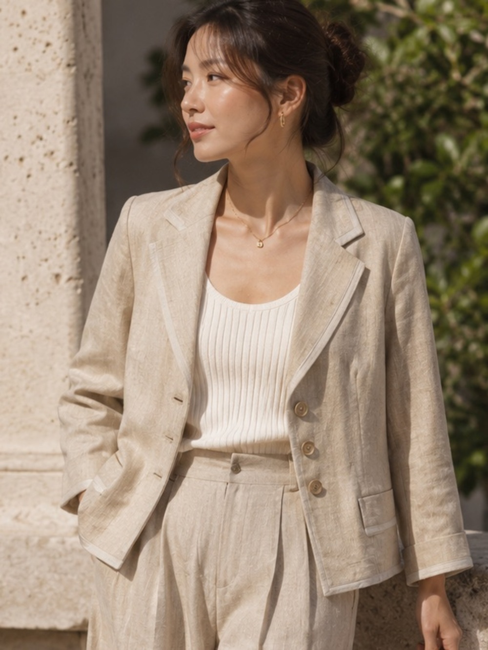 Tuzzi Linen Blend Blazer Beige Size 14 Quiet Luxury Career Chic Minimalist